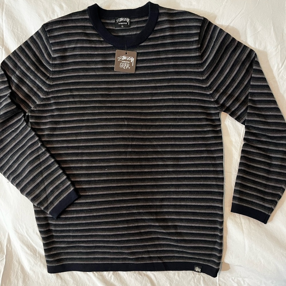 Stussy striped sweater
Size L
Dark blue, gray, olive green stripes